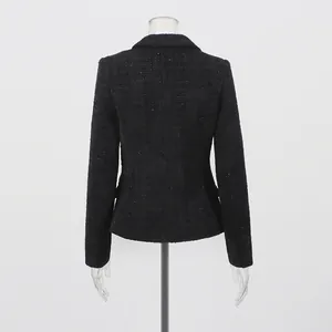 Back view of a premium black tweed jacket with a tailored slim fit and subtle shimmer