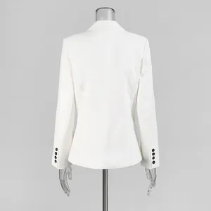 Back view detail of a classic white tailored blazer with decorative black cuff buttons