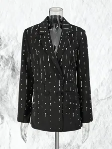 Elegant loose fit black blazer with vertical pearl decoration and lapel collar for women