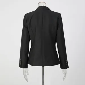 Back view of a women's professional slim-fit black blazer showing tailored cut and sleeve buttons.