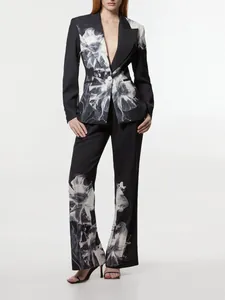 Women Elegant Floral Print Blazer and Pants Set Fashion Asymmetric V-Neck Long Sleeve Suit for Commuting Casual Wear