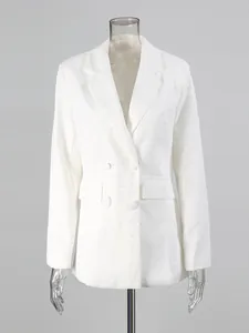 Elegant white women's blazer with pearl embellishments and lapel collar.