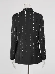 Elegant black blazer jacket for women featuring stylish white pearl decorations back view