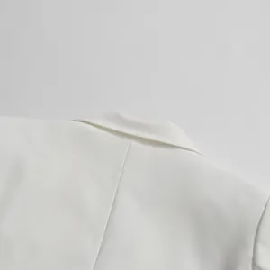 Close-up detail of the back collar on a minimalist white women's blazer jacket.