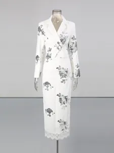 Elegant white sequin floral two-piece set with cropped blazer and lace hem skirt