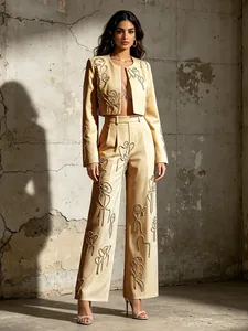 Elegante Completo Cachi con Strass da Donna Sopra E Sotto Lavoro Pesante Tinta Unita Giacca Vita Alta Pantaloni a Gamba Larga Banchetto Abbigliamento