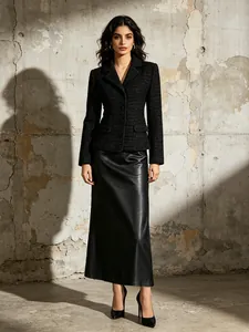 Elegant Women Little Fragrance Black Suit Set Slim Waist Long Sleeve Lapel Jacket And High Waist Hip Long Skirt Co-ords