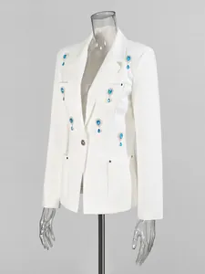 Elegant white blazer for women with sparkling blue teardrop rhinestone embellishments