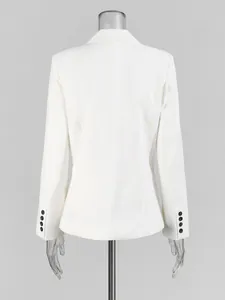 Back view of women's minimalist white blazer jacket with black buttons on cuffs.
