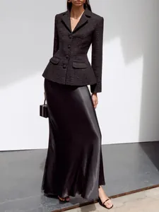 Elegant black tweed lapel jacket and high-waist satin maxi skirt two-piece outfit