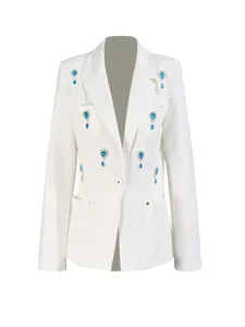 Elegant white women's blazer with blue rhinestone teardrop design and V-neck