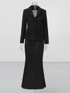 Elegant black tweed blazer and high-waist mermaid skirt two-piece set for women