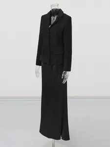 Elegant black tweed jacket and long satin skirt two-piece set for women, sophisticated look