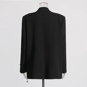 Detailed back view of an elegant black women's blazer featuring a clean, tailored fit.