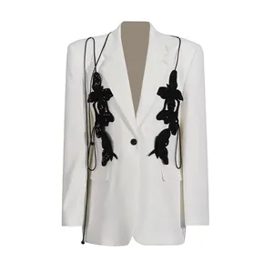 Front detail view of white women's blazer with black sequined butterfly embellishments.