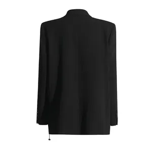 Back view detail of a high-end black women's blazer jacket with elegant tailoring