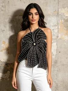 Women Sexy 3D Flower Bandeau Top Beaded Halter Neck Lace Up Slim Fit Sleeveless Polyester Artificial Pearl Party Crop Top