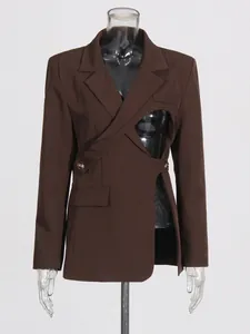 British style brown blazer with asymmetrical hollow-out design and notched lapels