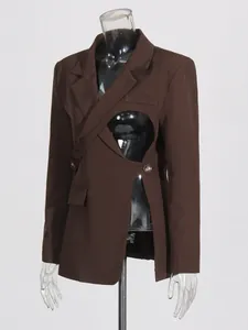 Elegant brown blazer for women with irregular hollow-out cutout design and slim fit