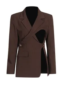Chic brown asymmetrical cutout blazer with lapel collar and unique slimming design