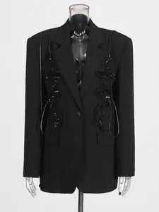 Elegant black women's blazer featuring sequin butterfly bow and single button detail