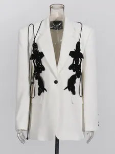 Elegant white single-button blazer for women with black sequined butterfly applique