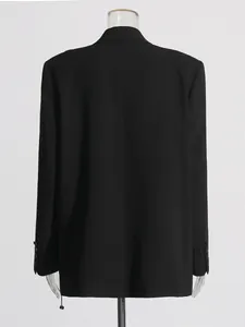Elegant black women's formal suit blazer shown from the back view on a mannequin