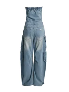 Modischer hellblauer Denim-Bandeau-Jumpsuit mit mehreren Cargo-Taschen für Damen
