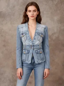 Chic distressed blue denim blazer jacket with waist belt for a slimming silhouette