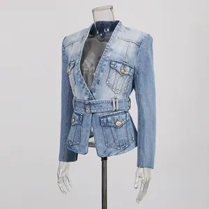 Full view of women's vintage washed denim blazer with waist belt and gold buttons