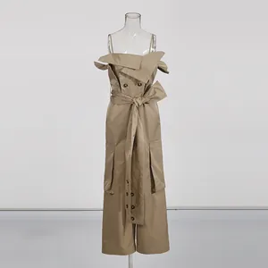 Elegant khaki French style strapless jumpsuit featuring a bow belt and wide leg design