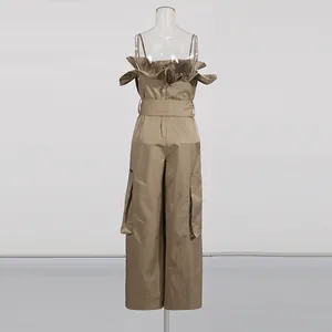 Detailed back view of a khaki jumpsuit with ruffled tube top and wide leg design