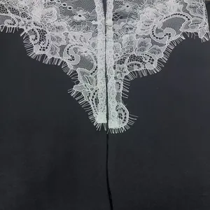 Detailed macro view of white eyelash lace trim on a black V-neck blazer with button.