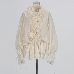 Gedetailleerd macrozicht van Franse chiffon blouse met ruches en bloemaccenten