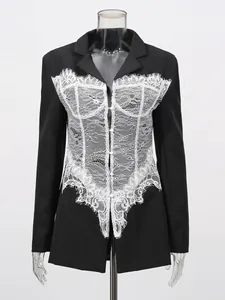 Elegant black blazer featuring white lace corset patchwork and V-neckline for women.