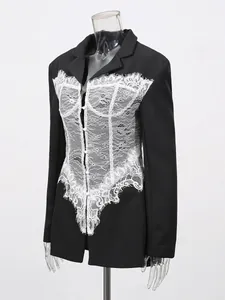 Elegant black blazer with white lace corset patchwork, slim waist design and V-neckline