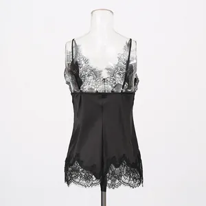 Rear view detail of black French style satin camisole with delicate lace patchwork