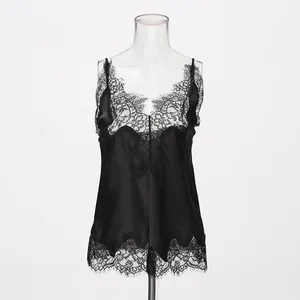 Elegant black silk camisole featuring delicate French lace trim and V-neckline detail.