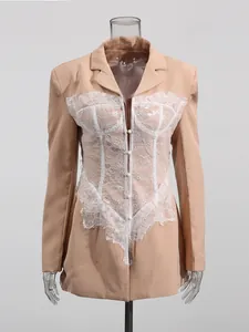 Elegant lace patchwork corset blazer with V-neck and long sleeves in beige color