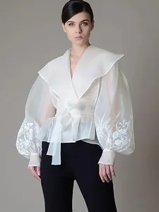 Elegant French organza blouse with floral embroidery, lantern sleeves and waist tie.