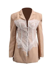 Elegant beige long sleeve blazer featuring white lace corset patchwork and V-neckline