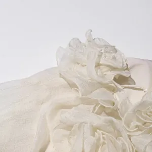 Gedetailleerde macro-opname van witte chiffon jurk met zachte ruches aan de rand