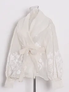 French style elegant organza floral blouse featuring lantern sleeves and wrap waist tie