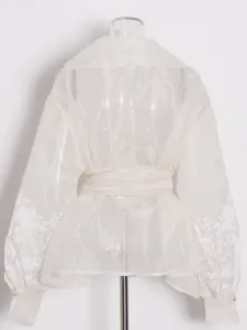 French elegant white organza shirt with floral embroidery lantern sleeves and tie