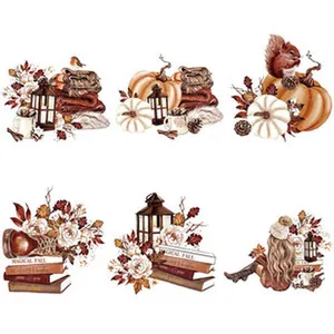 Detailed view of six autumn themed heat transfer patches for decorative clothing diy