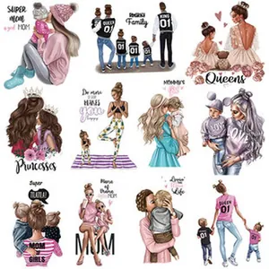 Detailed macro view of multiple family and mother themed cartoon iron-on transfer designs
