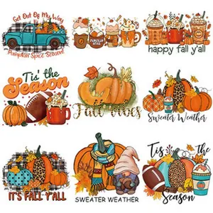 Set of fall-themed heat transfer patches featuring pumpkins and autumn slogans for DIY clothes