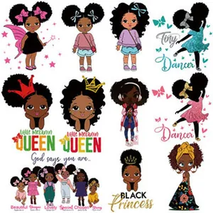 Diverse collection of cartoon Black girl heat transfer patches for children's T-shirts