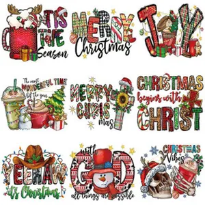 Collection of 9 Christmas heat transfer patches with festive skulls and holiday slogans