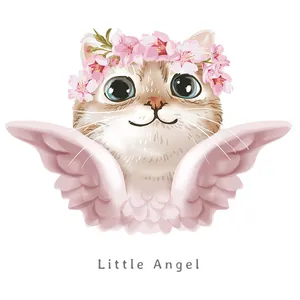 Cartoon Angel Cat Heat Transfer Patch DIY Kitten With Flower Crown Wings Iron On Sticker For Clothing T-Shirt Decorative Applique